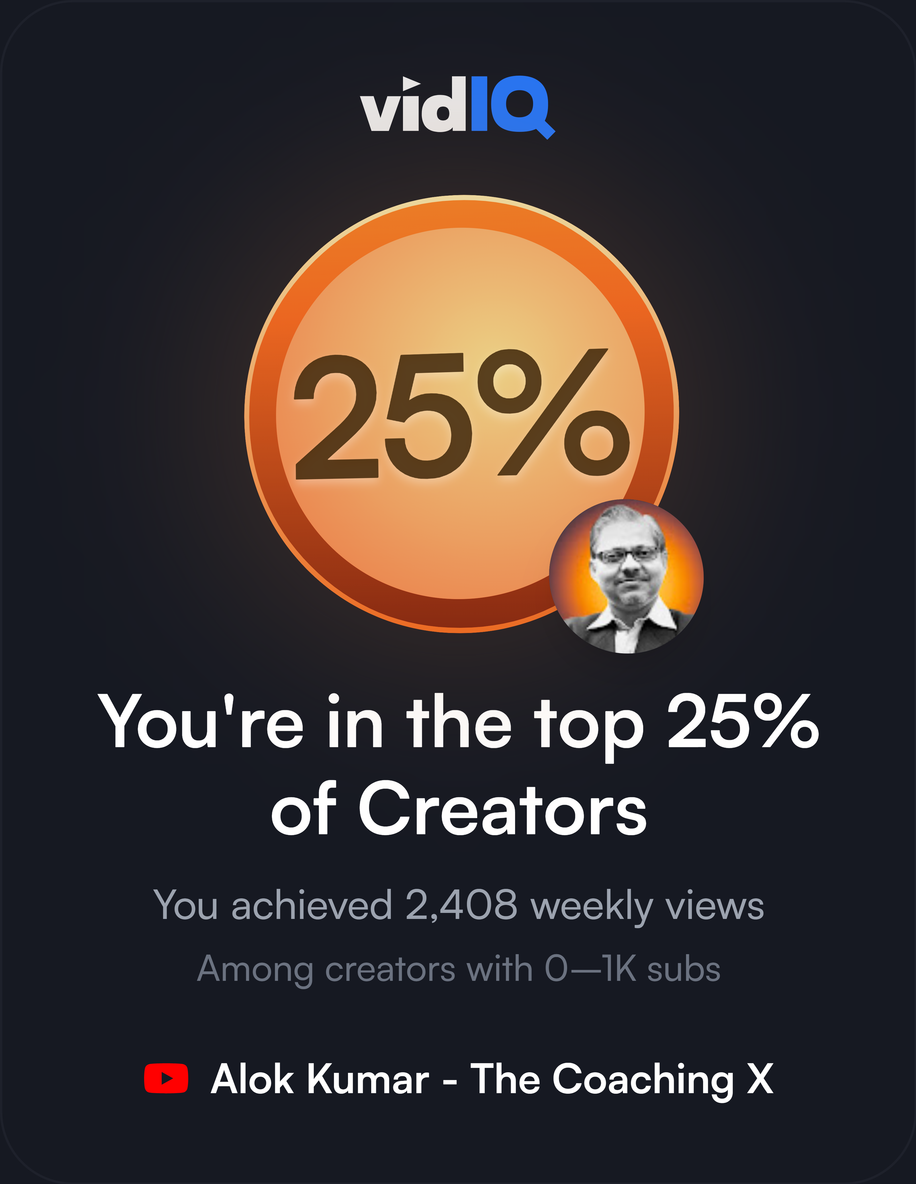 VidIQ Top 25 Percent Creator Certificate