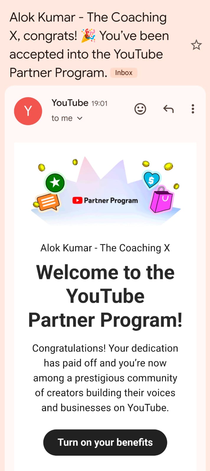 YouTube Partner Program Acceptance Email